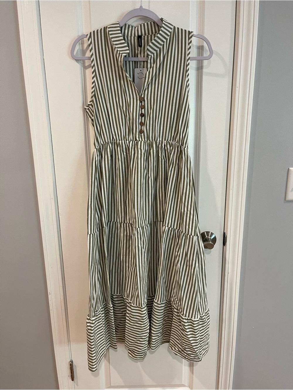 Striped V-Neck Tiered Midi Dress in Olive and White